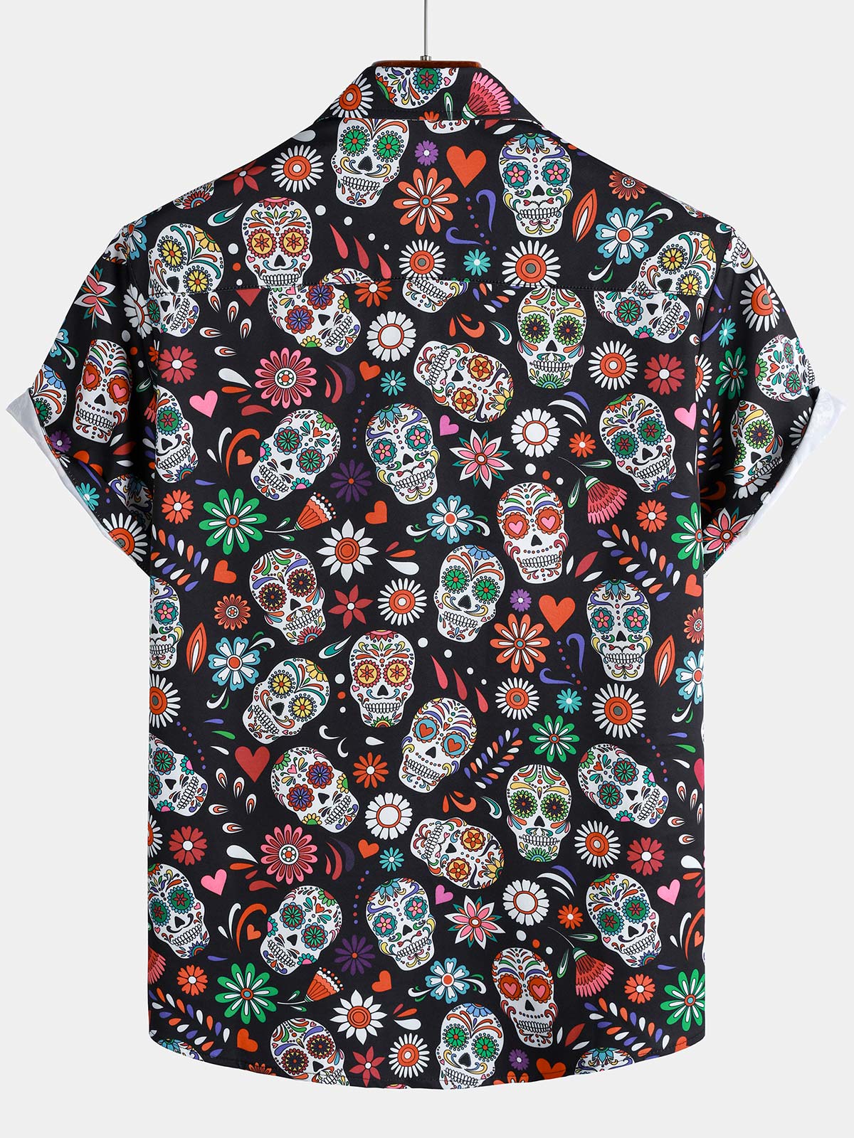Men's Flower Skull Colorful Graphic Button Up Short Sleeve Punk Rock Art Shirt