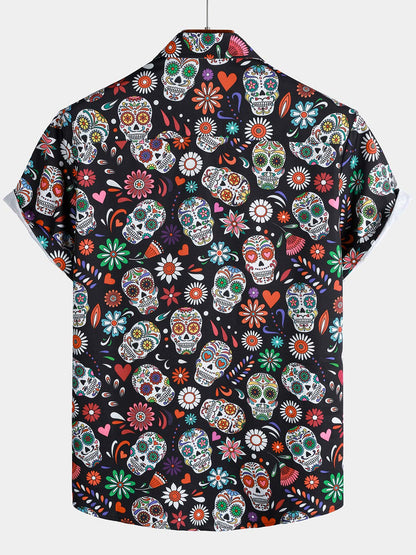 Men's Flower Skull Colorful Graphic Button Up Short Sleeve Punk Rock Art Shirt