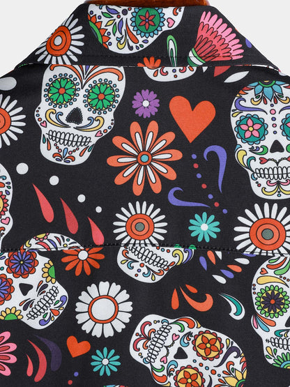Men's Flower Skull Colorful Graphic Button Up Short Sleeve Punk Rock Art Shirt