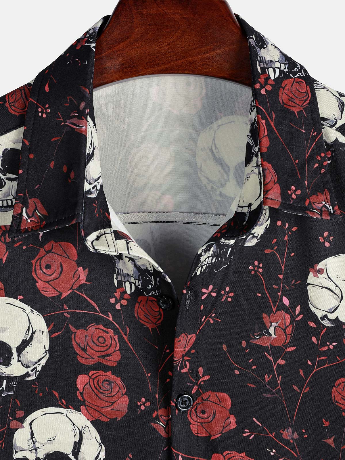 Men's Rose Skull Cool Graphic Button Up Short Sleeve Punk Rock Art Shirt