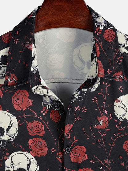 Men's Rose Skull Cool Graphic Button Up Short Sleeve Punk Rock Art Shirt