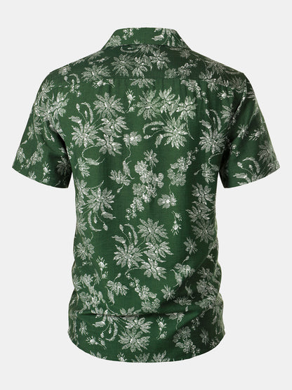 Men's Green Tropical Floral Print Casual Hawaiian Shirt