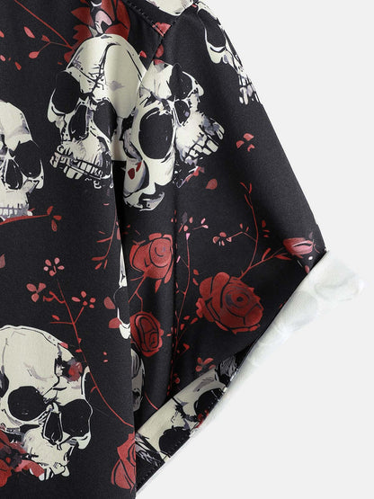 Men's Rose Skull Cool Graphic Button Up Short Sleeve Punk Rock Art Shirt