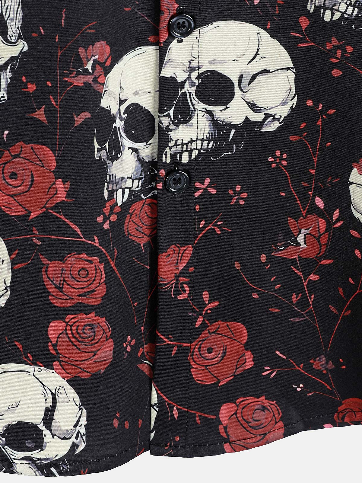 Men's Rose Skull Cool Graphic Button Up Short Sleeve Punk Rock Art Shirt