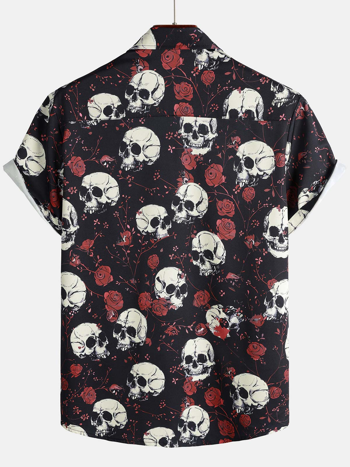 Men's Rose Skull Cool Graphic Button Up Short Sleeve Punk Rock Art Shirt