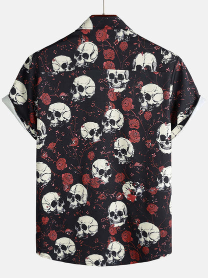 Men's Rose Skull Cool Graphic Button Up Short Sleeve Punk Rock Art Shirt