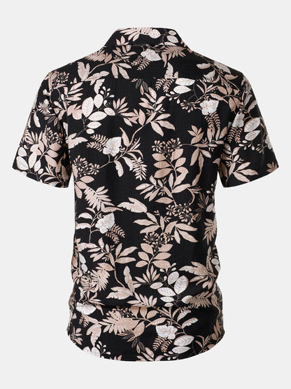 Men's Tropical Leaf  Print Summer Beach Short Sleeve Shirt