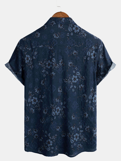 Men's Blue Cotton Floral Hawaiian Vintage Shirt