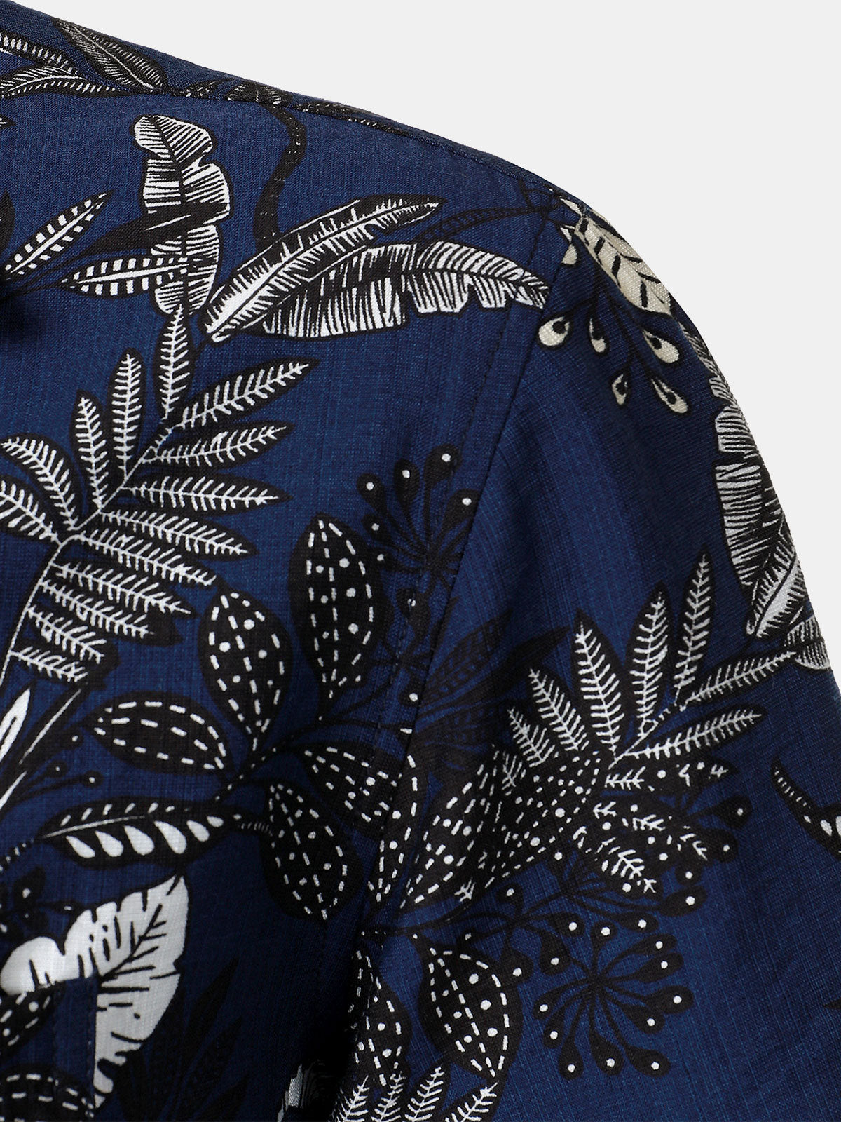 Men's Navy Blue Tropical Leaf Print Casual Hawaiian Shirt