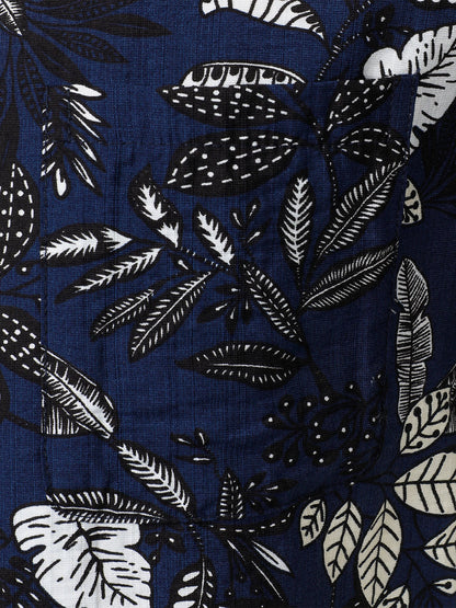 Men's Navy Blue Tropical Leaf Print Casual Hawaiian Shirt