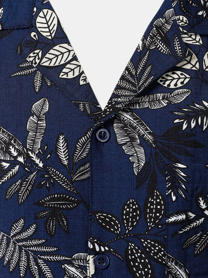 Men's Navy Blue Tropical Leaf Print Casual Hawaiian Shirt