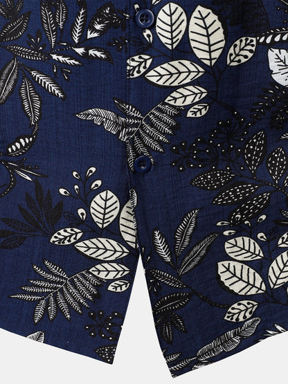 Men's Navy Blue Tropical Leaf Print Casual Hawaiian Shirt