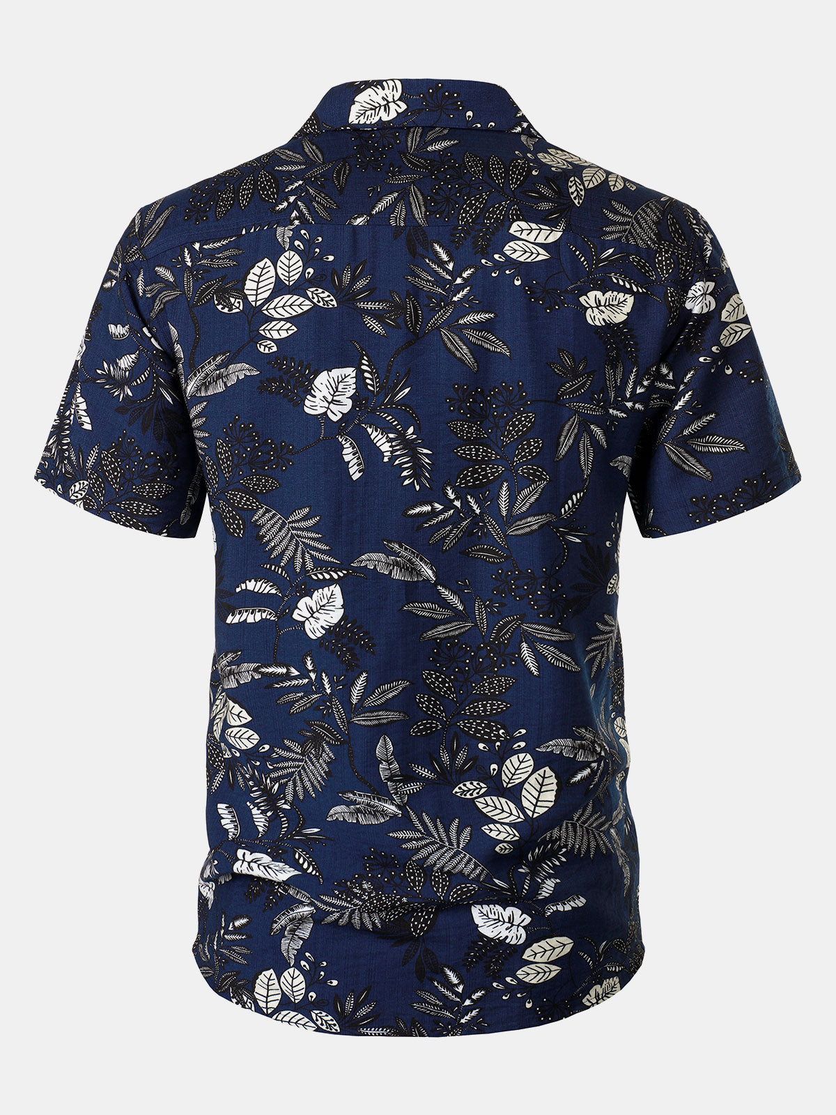 Men's Navy Blue Tropical Leaf Print Casual Hawaiian Shirt