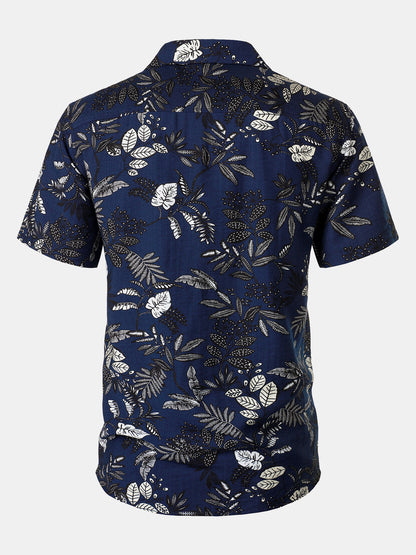 Men's Navy Blue Tropical Leaf Print Casual Hawaiian Shirt