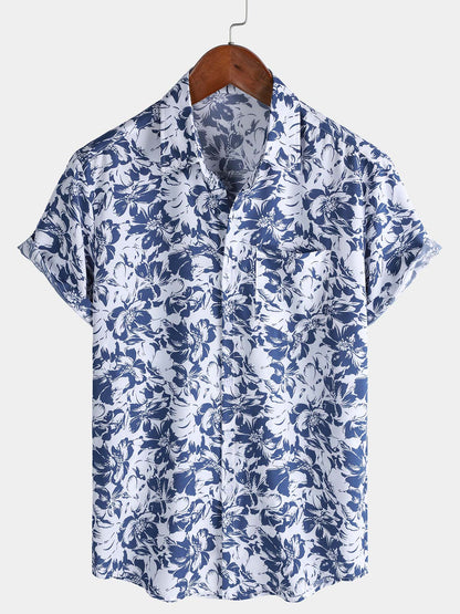 Men's Blue Botanical Graphic Leisure Tropical Pool Party Summer Casual Shirt