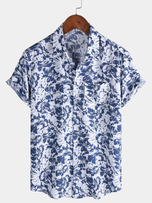 Men's Blue Botanical Graphic Leisure Tropical Pool Party Summer Casual Shirt