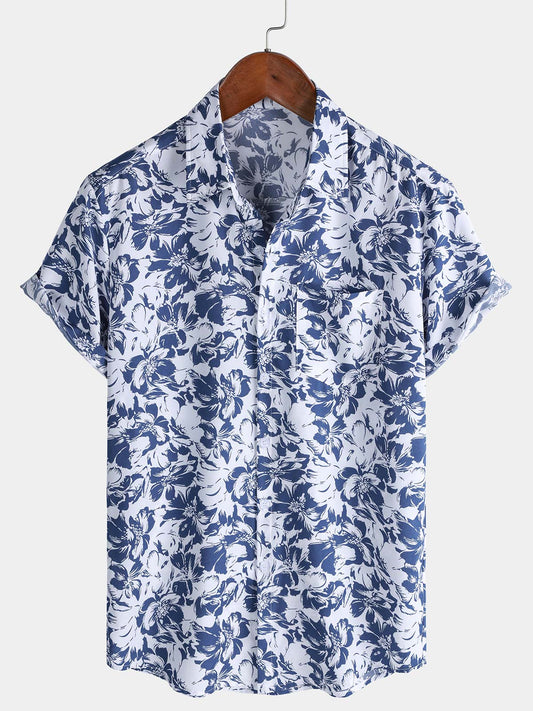 Men's Blue Botanical Graphic Leisure Tropical Pool Party Summer Casual Shirt