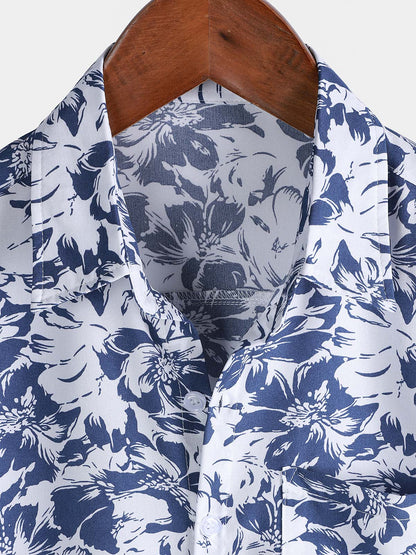 Men's Blue Botanical Graphic Leisure Tropical Pool Party Summer Casual Shirt