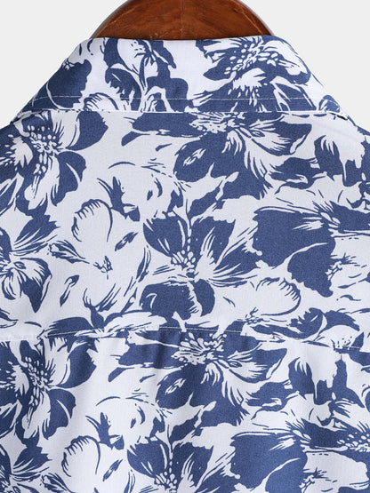 Men's Blue Botanical Graphic Leisure Tropical Pool Party Summer Casual Shirt