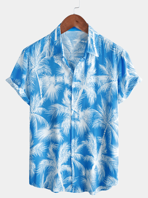 Men's Blue Tropical Print Beach Short Sleeve Shirt