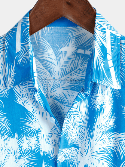 Men's Blue Tropical Print Beach Short Sleeve Shirt