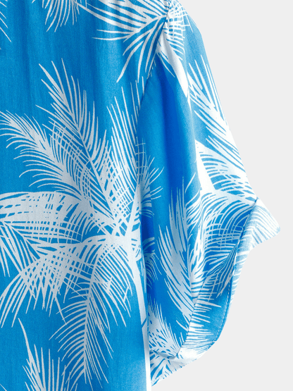 Men's Blue Tropical Print Beach Short Sleeve Shirt