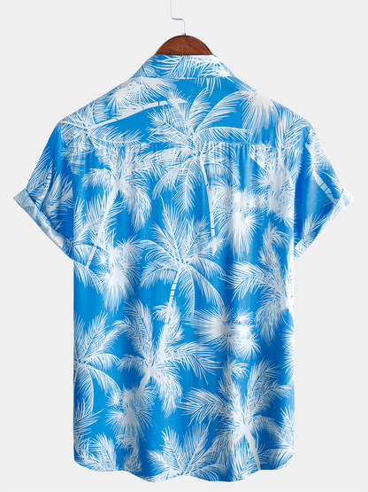 Men's Blue Tropical Print Beach Short Sleeve Shirt