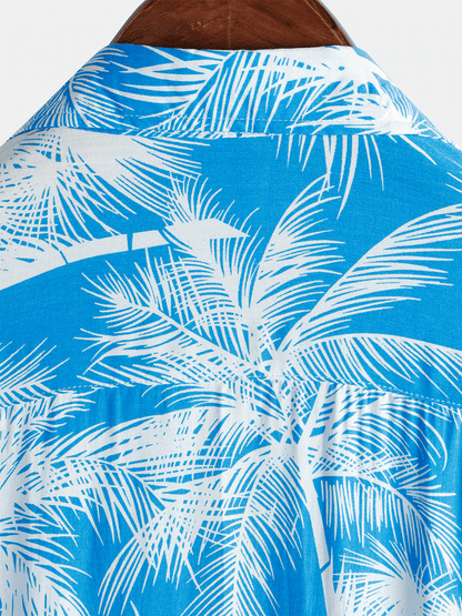 Men's Blue Tropical Print Beach Short Sleeve Shirt