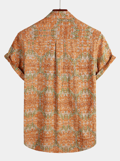 Men's Retro Casual Button Up Pocket Beach Vintage Orange Short Sleeve Shirt