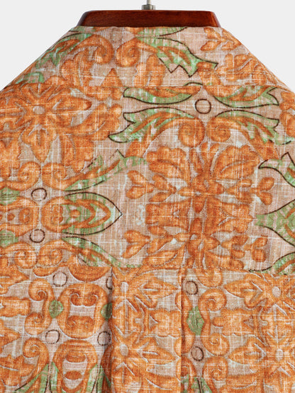 Men's Retro Casual Button Up Pocket Beach Vintage Orange Short Sleeve Shirt