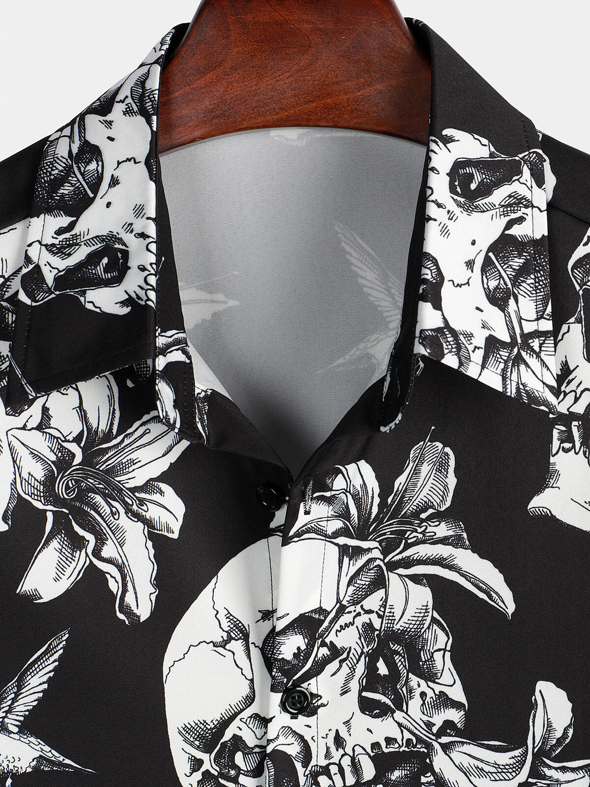 Men's Skull Hummingbird Punk Rocker Cool Rock Button Up Short Sleeve Black Hawaiian Shirt