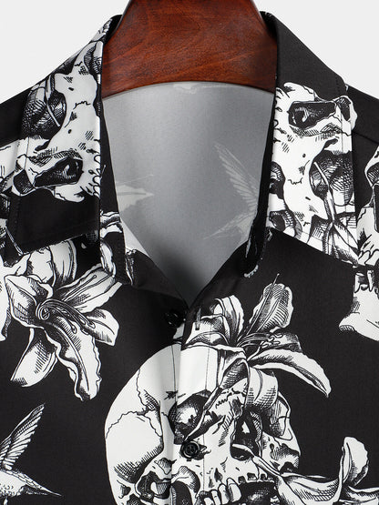 Men's Skull Hummingbird Punk Rocker Cool Rock Button Up Short Sleeve Black Hawaiian Shirt