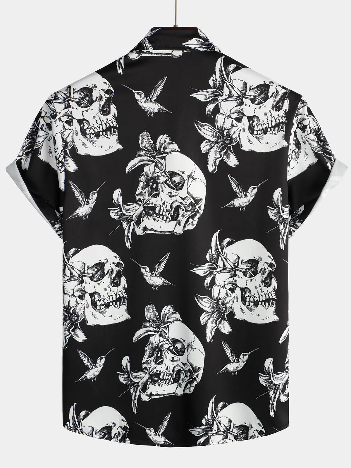 Men's Skull Hummingbird Punk Rocker Cool Rock Button Up Short Sleeve Black Hawaiian Shirt