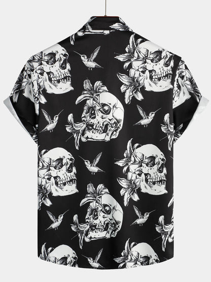 Men's Skull Hummingbird Punk Rocker Cool Rock Button Up Short Sleeve Black Hawaiian Shirt