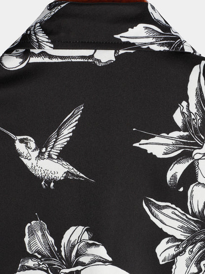 Men's Skull Hummingbird Punk Rocker Cool Rock Button Up Short Sleeve Black Hawaiian Shirt