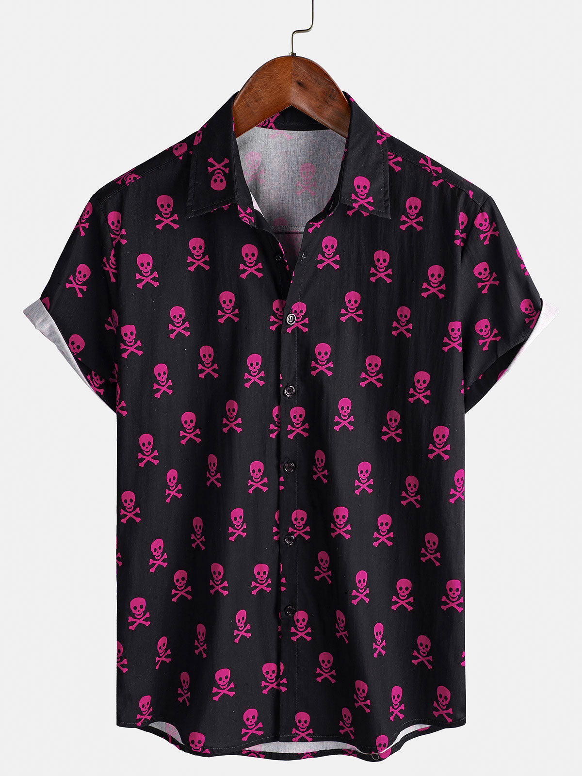 Men's Pink Skull Punk Rock Holiday Cotton Breathable Cool Summer Short Sleeve Shirt