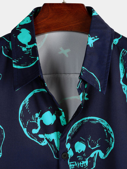 Men's Blue Skull Print Art Graphic Button Short Sleeve Aloha Hawaiian Shirt