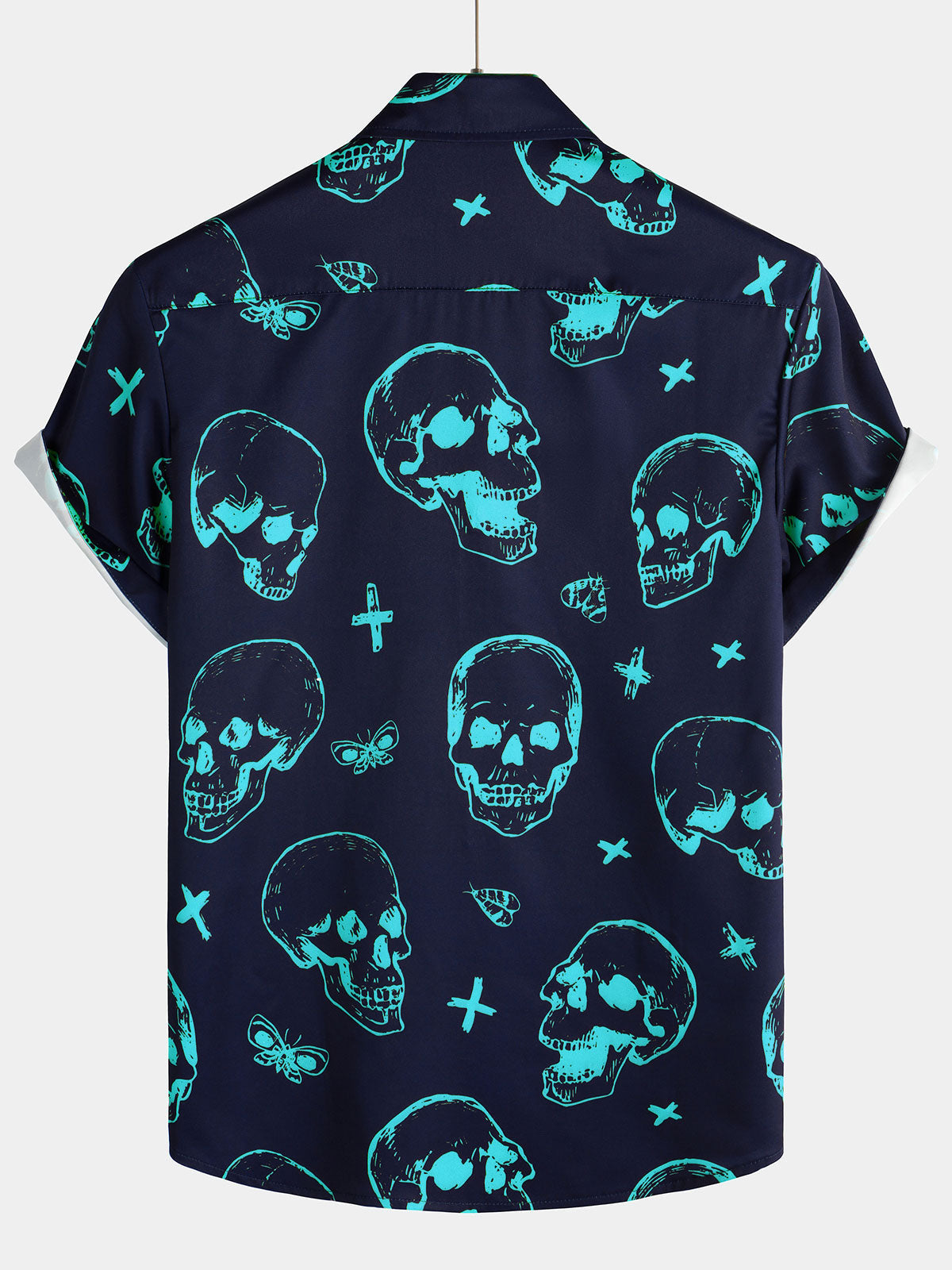 Men's Blue Skull Print Art Graphic Button Short Sleeve Aloha Hawaiian Shirt