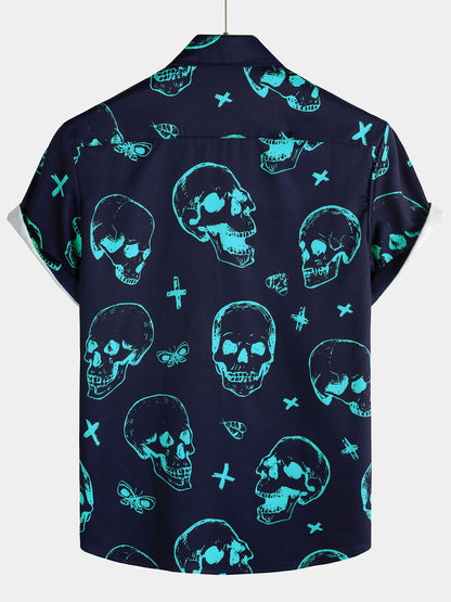 Men's Blue Skull Print Art Graphic Button Short Sleeve Aloha Hawaiian Shirt