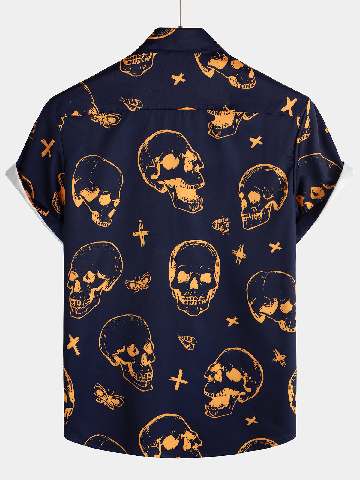 Men's Orange Skull Print Art Graphic Button up Short Sleeve Aloha Hawaiian Shirt
