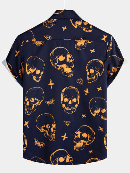 Men's Orange Skull Print Art Graphic Button up Short Sleeve Aloha Hawaiian Shirt