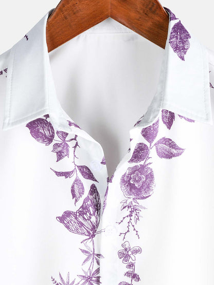 Men's Purple  Floral Print Hawaiian Button Up Summer Beach Casual Collar Short Sleeve Shirt