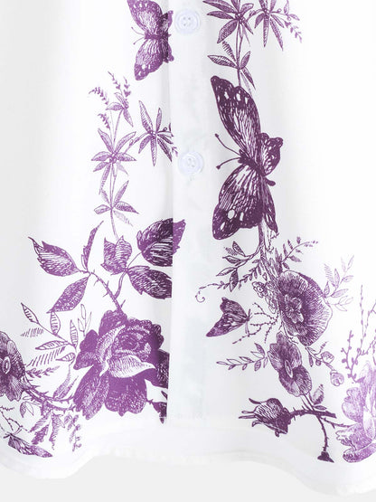 Men's Purple  Floral Print Hawaiian Button Up Summer Beach Casual Collar Short Sleeve Shirt