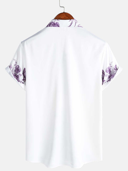 Men's Purple  Floral Print Hawaiian Button Up Summer Beach Casual Collar Short Sleeve Shirt