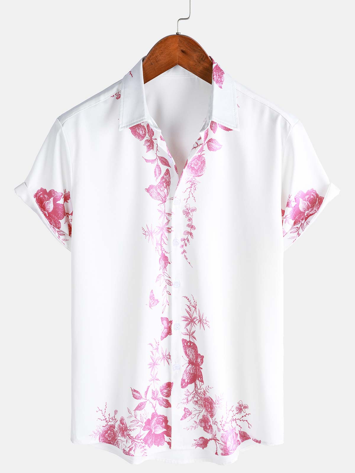 Men's Pink Floral Print Hawaiian Button Up Summer Beach Casual Collar Short Sleeve Shirt