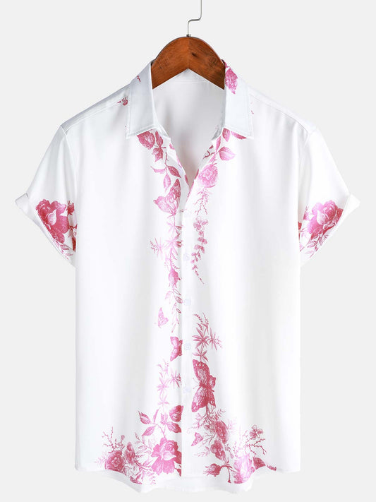 Men's Pink Floral Print Hawaiian Button Up Summer Beach Casual Collar Short Sleeve Shirt