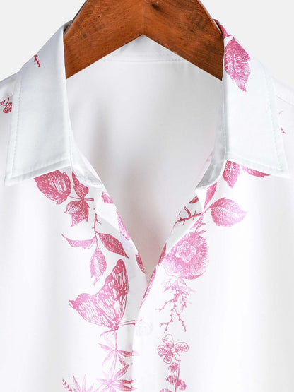 Men's Pink Floral Print Hawaiian Button Up Summer Beach Casual Collar Short Sleeve Shirt
