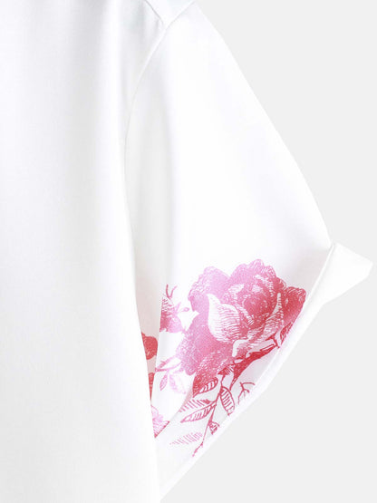 Men's Pink Floral Print Hawaiian Button Up Summer Beach Casual Collar Short Sleeve Shirt