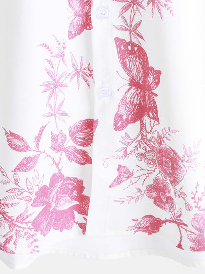 Men's Pink Floral Print Hawaiian Button Up Summer Beach Casual Collar Short Sleeve Shirt