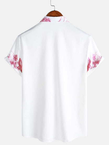 Men's Pink Floral Print Hawaiian Button Up Summer Beach Casual Collar Short Sleeve Shirt